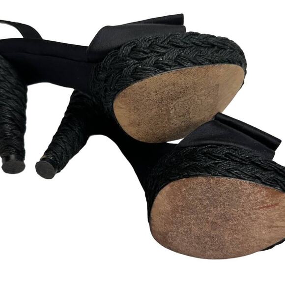 Stuart Weitzman Black Satin Bow Espadrille Slingback Pumps – Size 6 - Picture 9 of 9